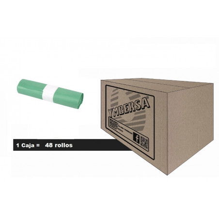 Caja bolsas basuras verde 57 Lt 70x85 mm. Sistema antigoteo y alta resistencia. Caja 48 rollos 480 bolsas