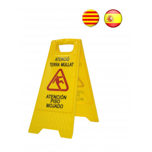 Señal aviso "Atención suelo mojado - Atenció terra mullat". En catalán y castellano. Alta visibilidad para evitar accidentes