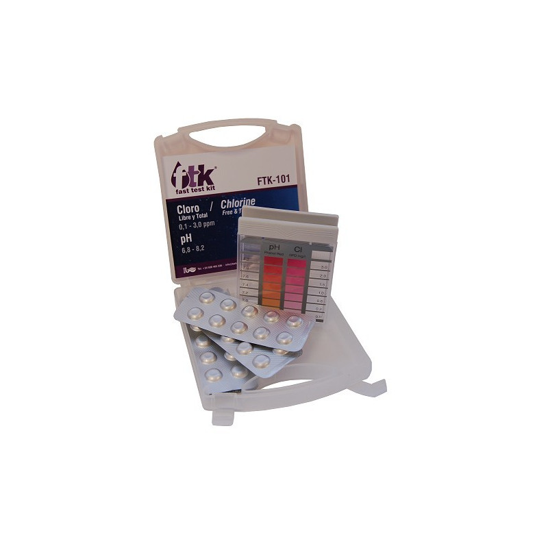 Estuche analizador Fast Test Kit Cloro Libre – Total - Combinado y pH para uso en piscinas, spas, aguas potables…