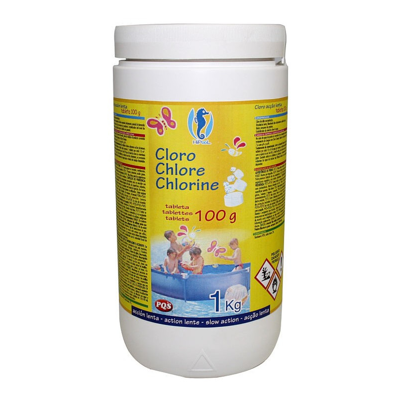 Cloro pastillas PQS alta concentración: Desinfección, Estabilizador de Cloro, Algicida y Floculante. Tabletas 100 gr Bote 1 Kg