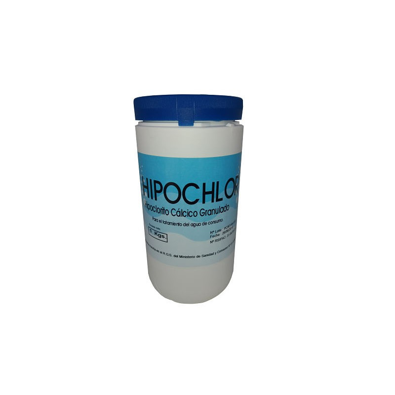Hipoclorito Granulado: Cloro en grano de disolución semilenta, para la desinfección del agua de consumo. Bote 1 Kg