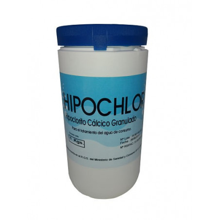 Hipoclorito Granulado: Cloro en grano de disolución semilenta, para la desinfección del agua de consumo. Bote 1 Kg