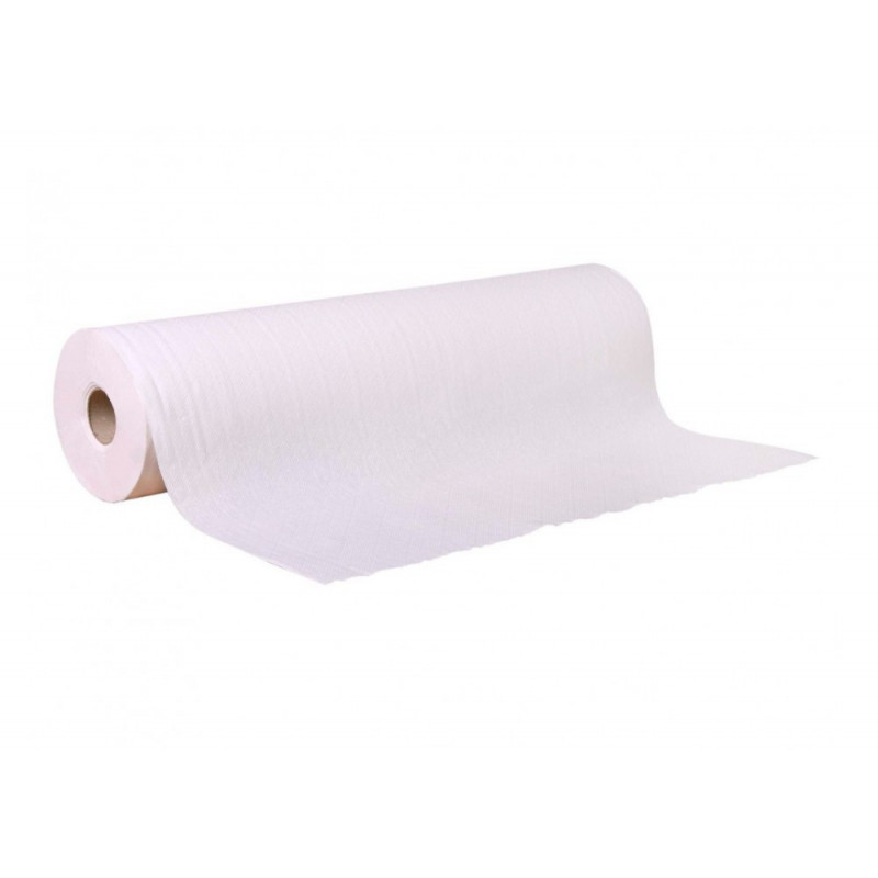 Rollo papel camilla con precorte. 38 grs. Tamaño 58 cms x 70 mts. Color blanco. 1 ud