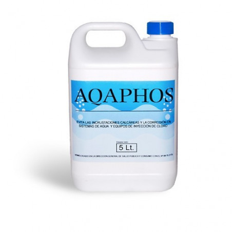 AQAPHOS: Antiincrustante líquido. Apto para el tratamiento del agua de consumo humano. Botella 5 Lt